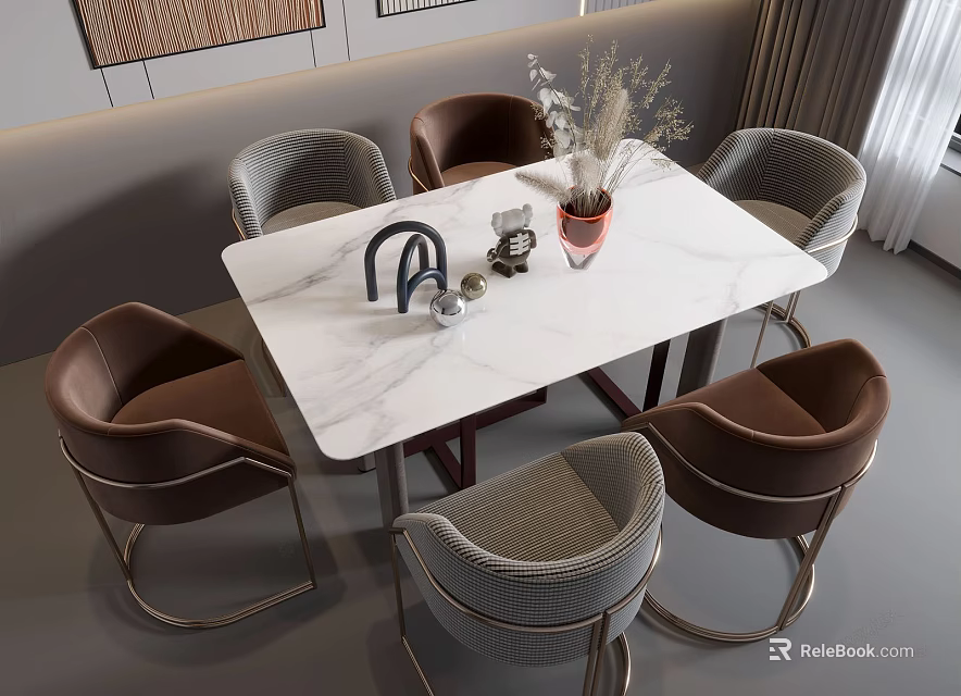 Modern Dining Table Set With Marble Top Brown Gray Chairs And Decorative Vase 3d model 