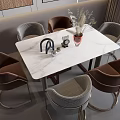 Modern Dining Table Set With Marble Top Brown Gray Chairs And Decorative Vase