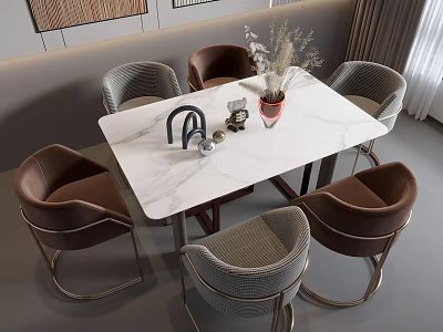 Modern Dining Table Set With Marble Top Brown Gray Chairs And Decorative Vase 3d model
