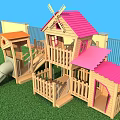 Outdoor Wooden Playground Equipment With Slide Windmill Playhouse Fence On Green Grass