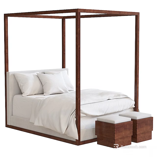 Modern Four Poster Double Bed With Wooden Frame White Bedding And Footstools 3d model 