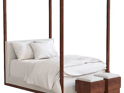 Modern Four Poster Double Bed With Wooden Frame White Bedding And Footstools 3d model