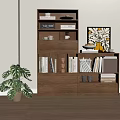 Modern Wooden Bookcase Interior With Stacked Books Mugs Decorative Items Wall Artwork And Potted Plant