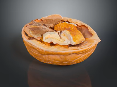Close Up View Of Open Walnut With Fresh Kernels On Dark Reflective Surface 3d model