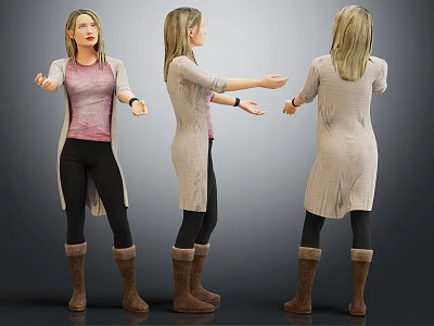 Woman Wearing Pink Top Black Leggings Beige Cardigan And Brown Boots In Different Angles 3d model