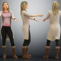 Woman Wearing Pink Top Black Leggings Beige Cardigan And Brown Boots In Different Angles