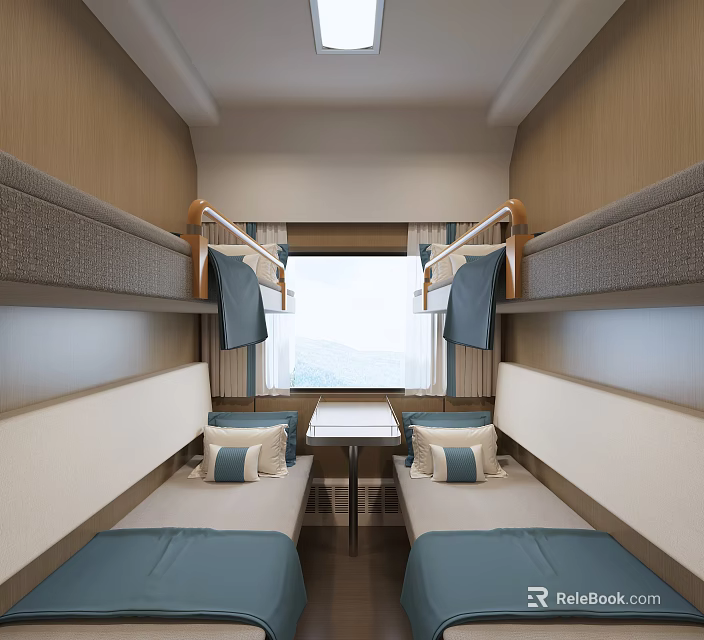 Train Sleeper Compartment Interior With Bunk Beds Blue Bed Linens Window And Table 3d model 