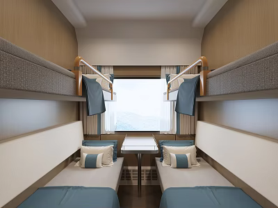 Train Sleeper Compartment Interior With Bunk Beds Blue Bed Linens Window And Table 3d model