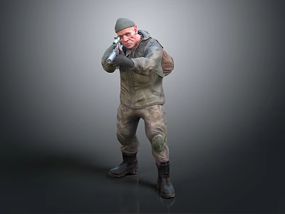 A Man in Camouflage Clothing With Hat Backpack and Rifle in Standing Pose Against Gray Background 3d model