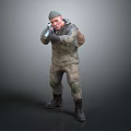 A Man in Camouflage Clothing With Hat Backpack and Rifle in Standing Pose Against Gray Background