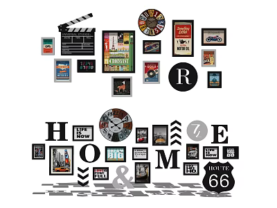 Vintage Home Wall Decor With Movie Posters Clapperboard Clock And Route 66 Sign 3d model