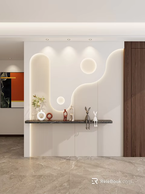 Modern Entryway Hallway with Curved Wall LED Strip Lighting and Decorative Figurines on Floating Shelf 3d model 