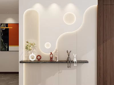 Modern Entryway Hallway with Curved Wall LED Strip Lighting and Decorative Figurines on Floating Shelf 3d model