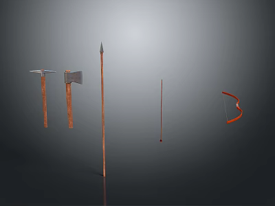 Ancient Weapons Collection Featuring Two Axes Long Spear And Wooden Bow With Arrow 3d model
