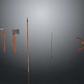 Ancient Weapons Collection Featuring Two Axes Long Spear And Wooden Bow With Arrow