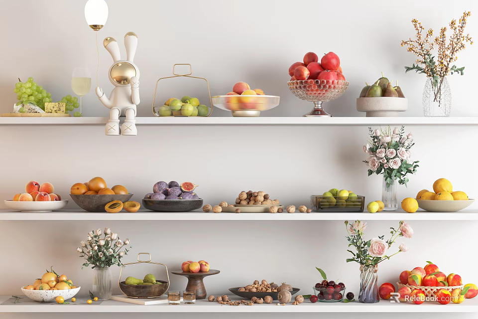 Assorted Fresh Fruits Displayed on Multi Layered Shelves with Glass Bowls Trays and Decorative Vases 3d model 