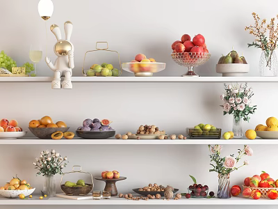 Assorted Fresh Fruits Displayed on Multi Layered Shelves with Glass Bowls Trays and Decorative Vases 3d model
