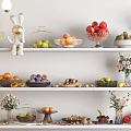 Assorted Fresh Fruits Displayed on Multi Layered Shelves with Glass Bowls Trays and Decorative Vases