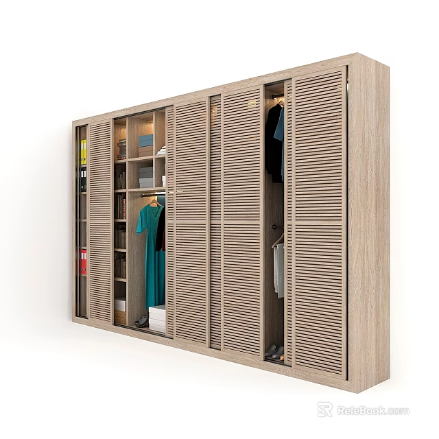 Modern Light Wood Wardrobe With Slatted Doors Clothing Storage Hanging Space And Shelves 3d model 
