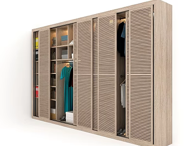 Modern Light Wood Wardrobe With Slatted Doors Clothing Storage Hanging Space And Shelves 3d model