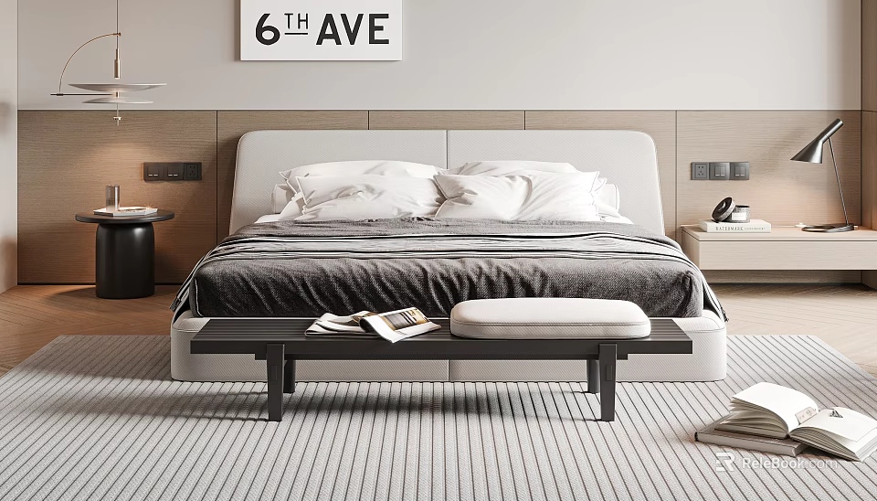 Modern Double Bed with Upholstered Headboard White Pillows Grey Bedding Footstool and Striped Rug 3d model 