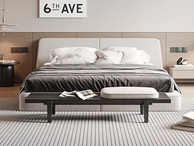 Modern Double Bed with Upholstered Headboard White Pillows Grey Bedding Footstool and Striped Rug 3d model
