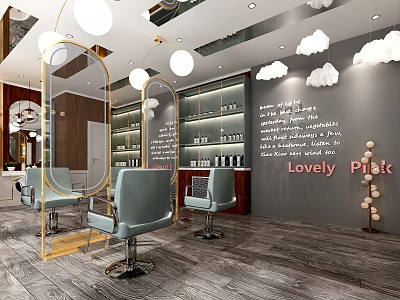 Modern Beauty Salon Interior With Mirrors Chairs Pendant Lights And Product Display Shelves 3d model