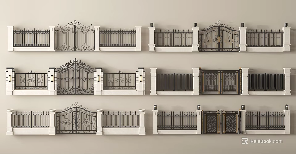 Various Wrought Iron Fence Designs With Decorative Gates Railings And Lamp Posts 3d model 
