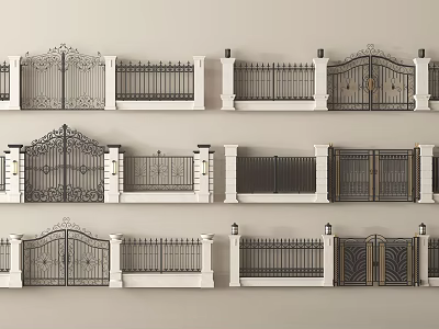 Various Wrought Iron Fence Designs With Decorative Gates Railings And Lamp Posts 3d model