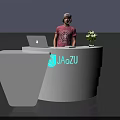 Modern White Reception Desk With LED Lights Laptop Potted Plant And JaZu Logo