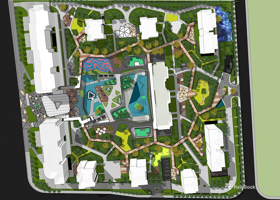 Residential Landscape Design With Green Spaces Walking Paths And Water Features 3d model 