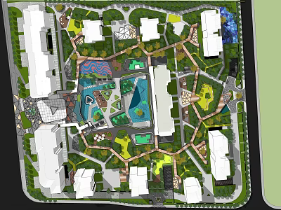 Residential Landscape Design With Green Spaces Walking Paths And Water Features 3d model