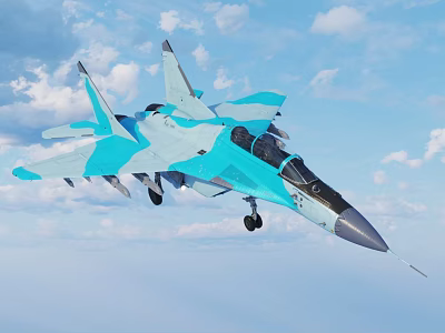 Light Blue Fighter Jet Flying In Cloudy Sky With Extended Landing Gear And Aerodynamic Design 3d model
