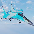 Light Blue Fighter Jet Flying In Cloudy Sky With Extended Landing Gear And Aerodynamic Design