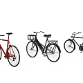 Three Classic Red and Black Bicycles with Basket Displayed on White Background