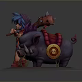 Blue Haired One Eyed Character With Weapon Standing By Purple Pig Like Creature