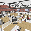 Spacious Public Office Space With Steel Truss Ceiling Brick Walls And Two Story Layout