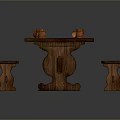 Rustic Solid Wood Dining Table With Matching Bench And Orange Decor Items On Top