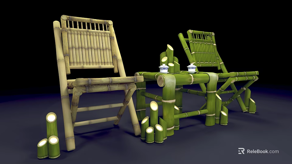 Natural Bamboo Table And Chair Set With Rustic Design And Sturdy Structure 3d model