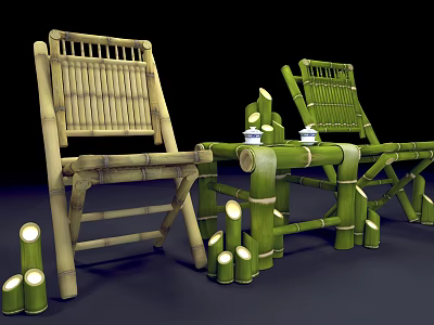 Natural Bamboo Table And Chair Set With Rustic Design And Sturdy Structure 3d model