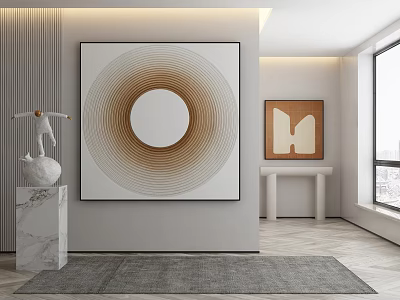 Modern Living Interior With Circular Wall Art Abstract Painting Sculpture Gray Rug And Window 3d model
