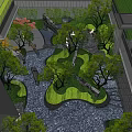 Landscaped Courtyard Garden with Large Rocks Flowing Water Feature Green Trees and Trimmed Shrubs