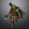 A Man In Green Cloak And Armor Holding Axe And Bow With Feathered Helmet
