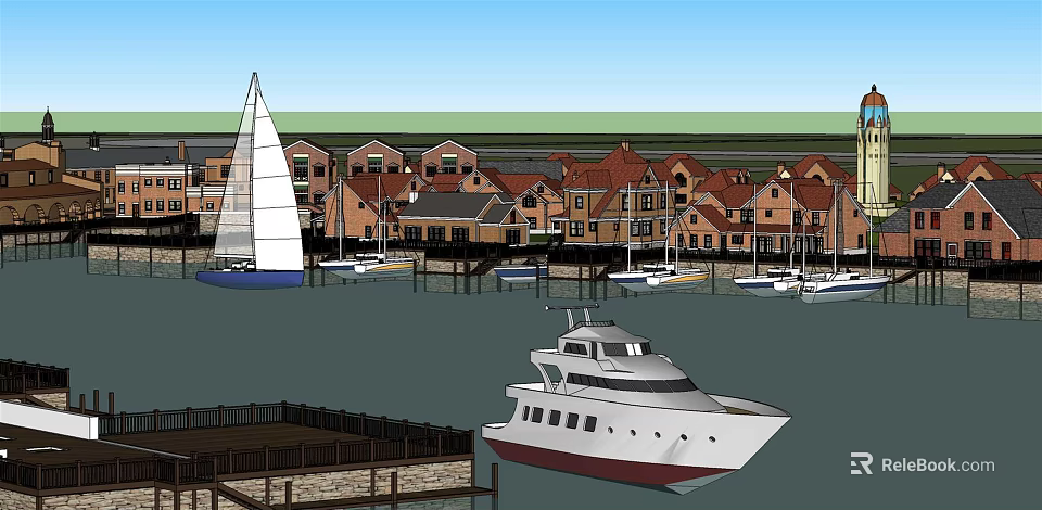 Waterfront Scene With Red Roofed Buildings Sailboat Yacht And Moored Boats At Dock 3d model 