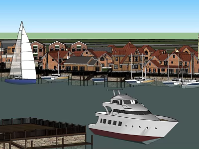 Waterfront Scene With Red Roofed Buildings Sailboat Yacht And Moored Boats At Dock 3d model