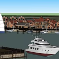 Waterfront Scene With Red Roofed Buildings Sailboat Yacht And Moored Boats At Dock