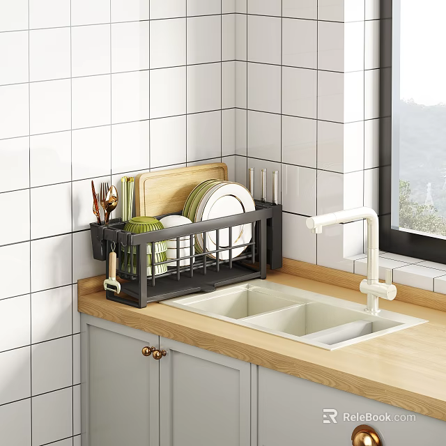 Modern Kitchen Dish Rack Holding Plates Knives And Cutting Board On Wooden Countertop 3d model 