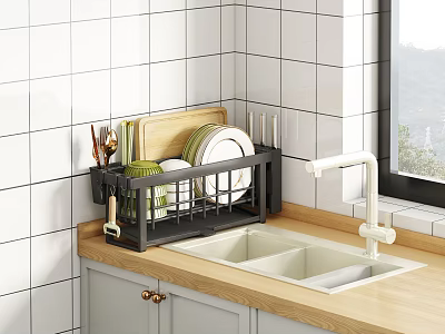 Modern Kitchen Dish Rack Holding Plates Knives And Cutting Board On Wooden Countertop 3d model