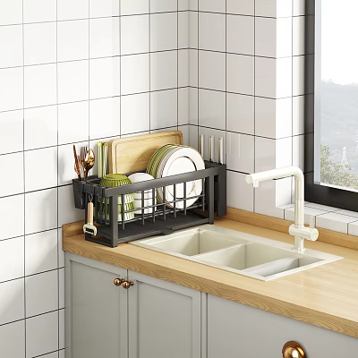Modern Kitchen Dish Rack Holding Plates Knives And Cutting Board On Wooden Countertop 3d model
