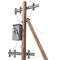 Wooden Electric Poles With Power Lines And Utility Equipment For Road Infrastructure